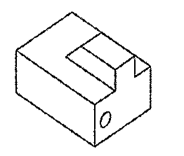 Perspectiva isométrica de um bloco com rasgo e ressalto na face superior e um furo em uma das faces laterais.