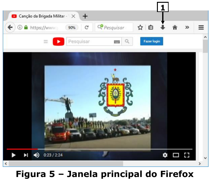 Figura 5 – Janela principal do Firefox exibindo vídeo do YouTube “Canção da Brigada Militar”; a seta 1 aponta para o ícone de seta para baixo na barra de ferramentas, à direita do campo Pesquisar, entre os ícones de estrela/área de transferência e de casa.