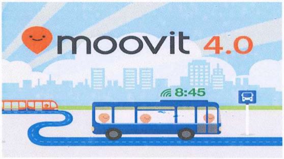 Ilustração do aplicativo Moovit 4.0: logotipo “moovit 4.0”, um ônibus azul em uma rua com cidade ao fundo, um ícone de parada de ônibus e o horário 8:45.