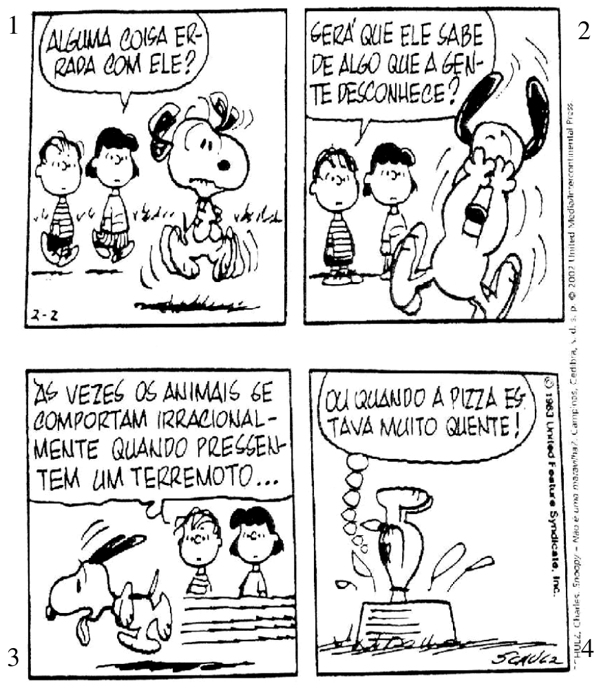 Tirinha de Snoopy (Schulz) em quatro quadrinhos numerados de 1 a 4. Quadrinho 1: Linus e Lucy observam Snoopy, que anda de modo agitado; balão: “ALGUMA COISA ERRADA COM ELE?”. Quadrinho 2: Snoopy salta com as patas no rosto; balão: “SERÁ QUE ELE SABE DE ALGO QUE A GENTE DESCONHECE?”. Quadrinho 3: Snoopy corre com a língua para fora; balão: “ÀS VEZES OS ANIMAIS SE COMPORTAM IRRACIONALMENTE QUANDO PRESSENTEM UM TERREMOTO...”. Quadrinho 4: Snoopy sobre a tigela vazia, com bolhas de pensamento; balão: “OU QUANDO A PIZZA ESTAVA MUITO QUENTE!”. Créditos laterais de Schulz/United Feature Syndicate.