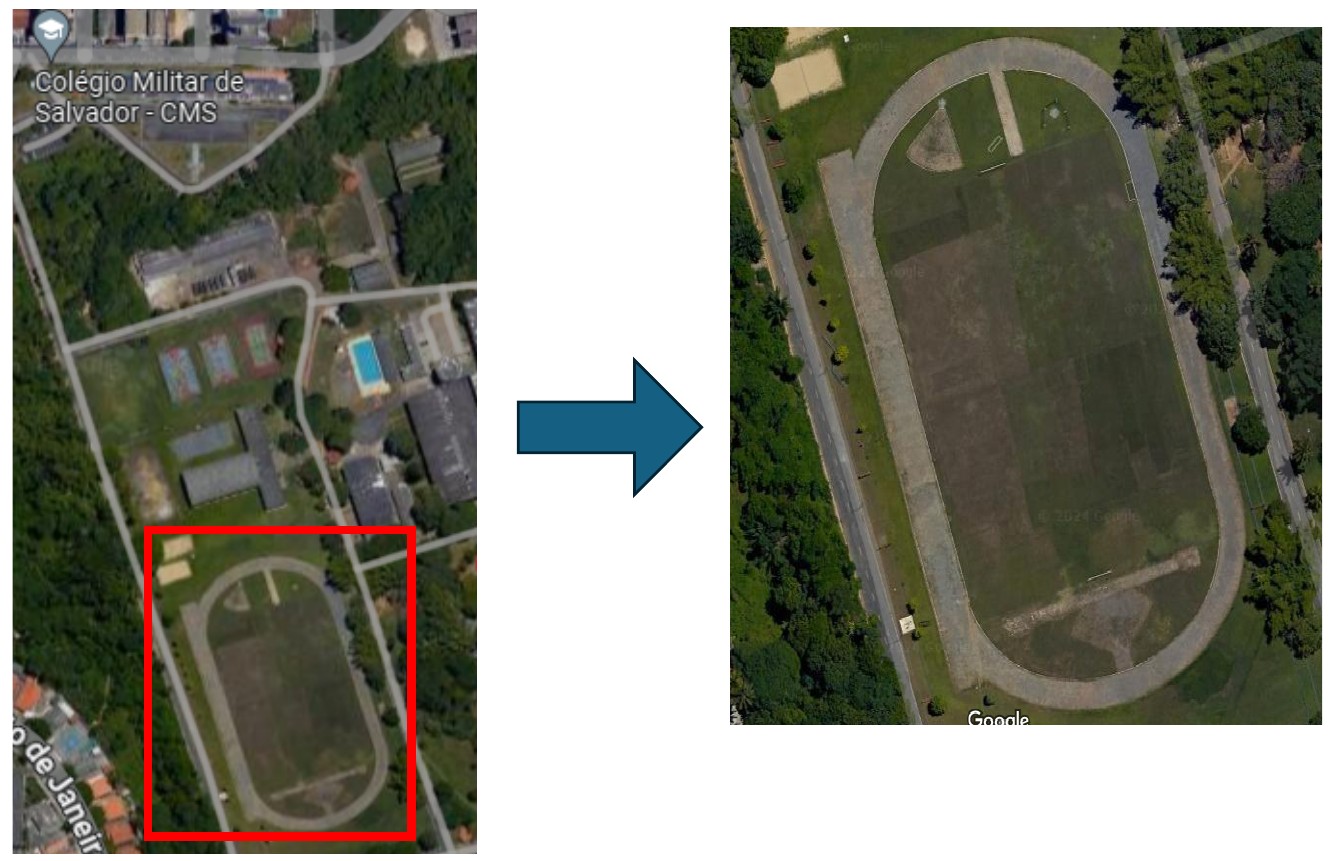 Duas imagens de satélite: à esquerda, vista aérea do Colégio Militar de Salvador (CMS) com a pista de atletismo destacada por um retângulo vermelho; uma seta aponta para a imagem à direita, que mostra a pista de atletismo oval ampliada.