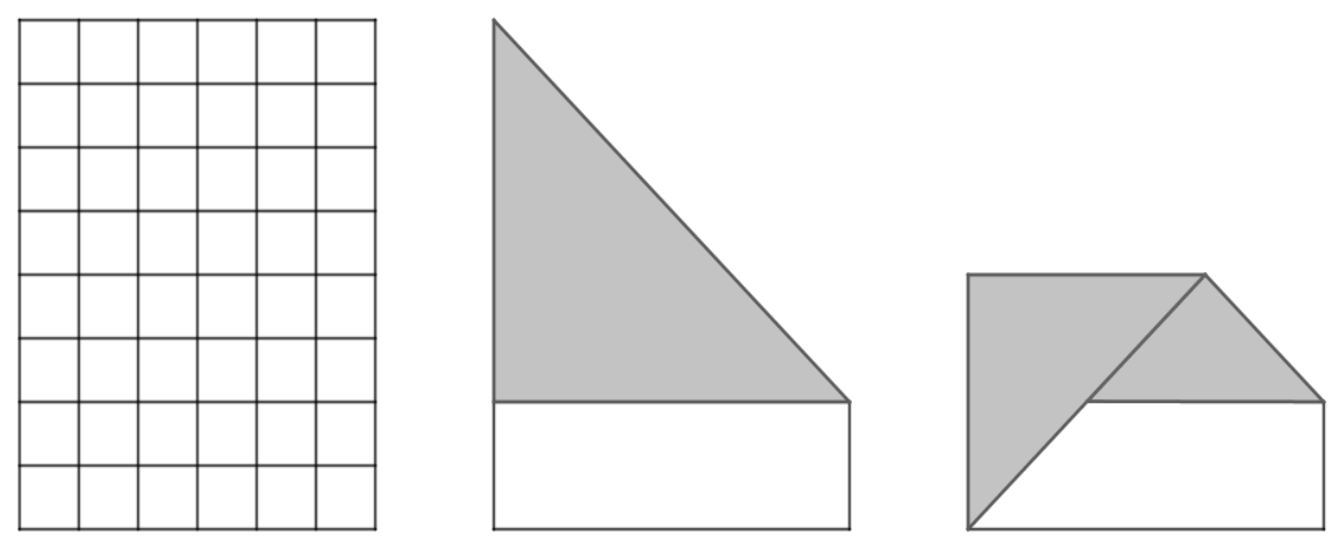 Sequência de três desenhos: 1) retângulo branco dividido em quadradinhos, com 6 colunas e 8 linhas; 2) a folha após a primeira dobra: o canto superior direito foi dobrado sobre a diagonal, formando um triângulo cinza na parte de cima, com um retângulo branco embaixo; 3) a folha após a segunda dobra, com um trapézio formado por partes cinzas na parte de cima e uma faixa branca embaixo.