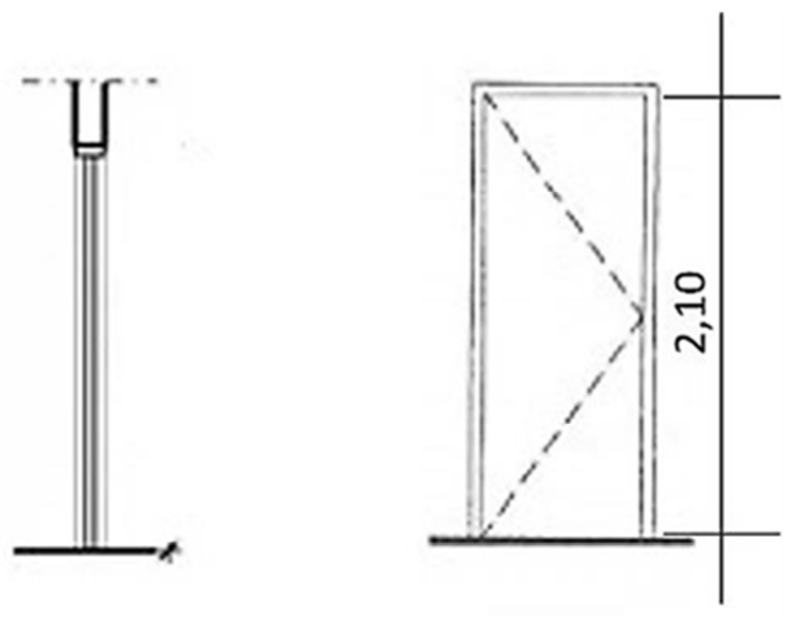 Representação de porta pivotante: à esquerda, corte vertical da folha com o detalhe do pivô no topo; à direita, vista frontal da porta com linhas tracejadas convergindo para o lado e cota vertical de 2,10 indicada do piso ao topo da porta.