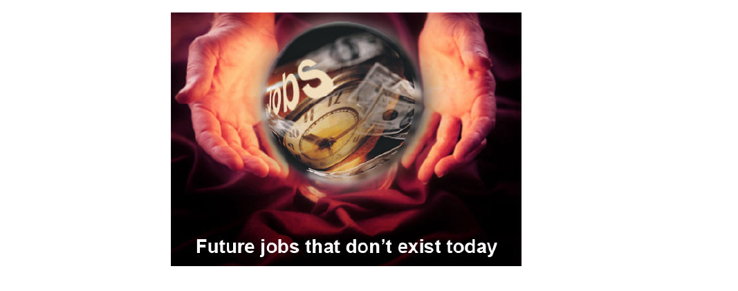 Fotografia de mãos em torno de uma bola de cristal com a palavra “Jobs”, um relógio e cédulas, com a legenda “Future jobs that don’t exist today”.