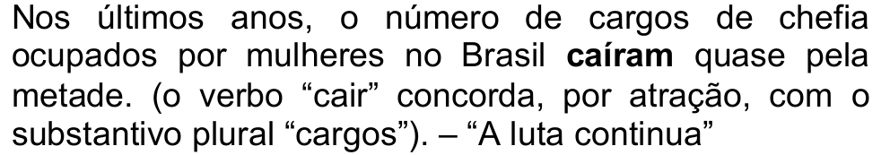 Nos últimos anos, o número de cargos de chefia ocupados por mulheres no Brasil caíram quase pela metade. (o verbo “cair” concorda, por atração, com o substantivo plural “cargos”). – “A luta continua” — com a palavra “caíram” em negrito.