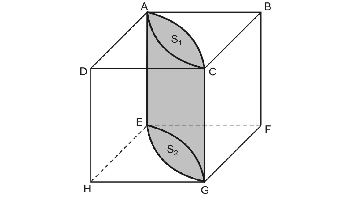 Cubo com vértices A, B, C, D na face superior e E, F, G, H na inferior; região sombreada S₁ na face superior entre A e C, limitada por dois arcos, e região S₂ na face inferior entre E e G, com faixa sombreada vertical ligando as duas regiões ao longo da aresta CG.