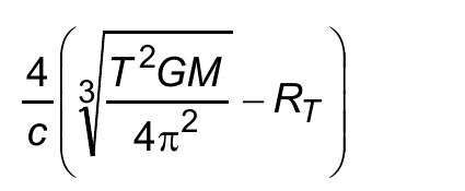 Expressão: 4/c multiplicado por (raiz cúbica de (T²GM dividido por 4π²) menos R com índice T).