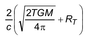 Expressão: 2/c multiplicado por (raiz quadrada de (2TGM dividido por 4π) mais R com índice T).
