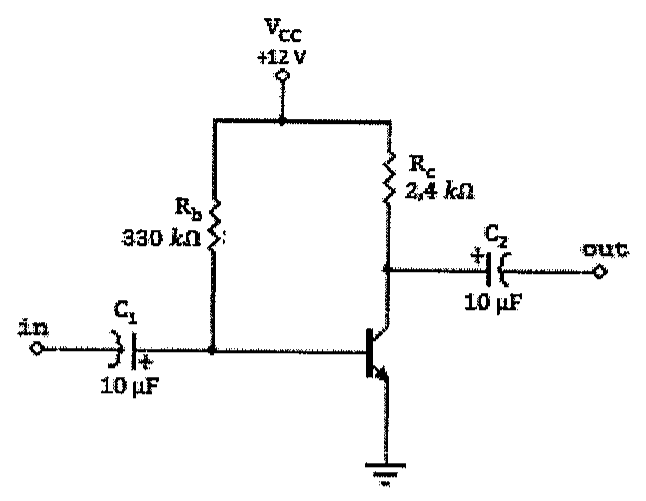 Amplificador emissor comum: Vcc = +12 V; Rb = 330 kΩ do Vcc à base; Rc = 2,4 kΩ do Vcc ao coletor; emissor aterrado; entrada pela base através de C1 = 10 µF; saída no coletor através de C2 = 10 µF.