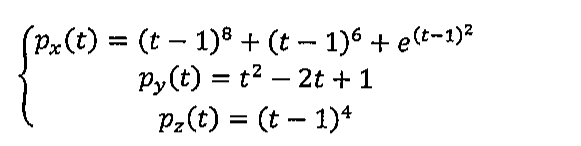 Sistema: px(t) = (t − 1)⁸ + (t − 1)⁶ + e elevado a (t − 1)²; py(t) = t² − 2t + 1; pz(t) = (t − 1)⁴