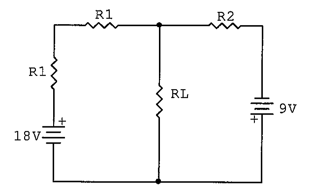 Circuito: fonte de 18 V em série com R1 (lado esquerdo) e outro R1 até o nó superior; RL entre o nó superior e o nó inferior; à direita, R2 em série com fonte de 9 V entre o nó superior e o nó inferior.