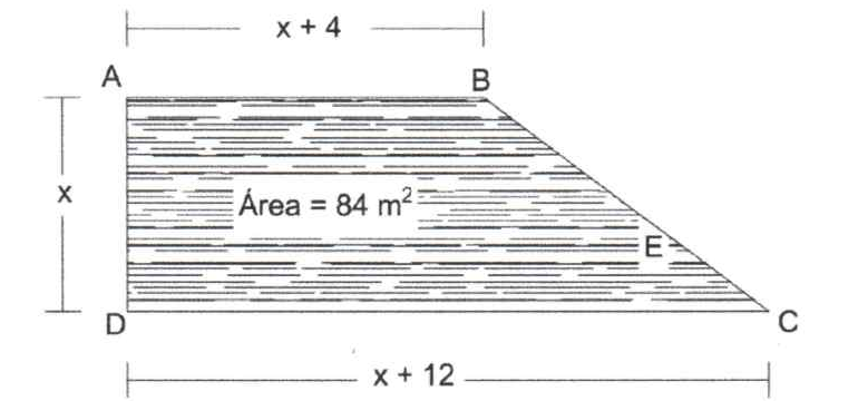 Trapézio retângulo ABCD hachurado: base superior AB medindo x + 4, altura AD medindo x, base inferior DC medindo x + 12, ponto E sobre o lado oblíquo BC e a indicação "Área = 84 m²" no interior.