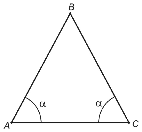 Triângulo isósceles ABC com base AC horizontal e vértice B no topo; ângulos α nos vértices A e C.