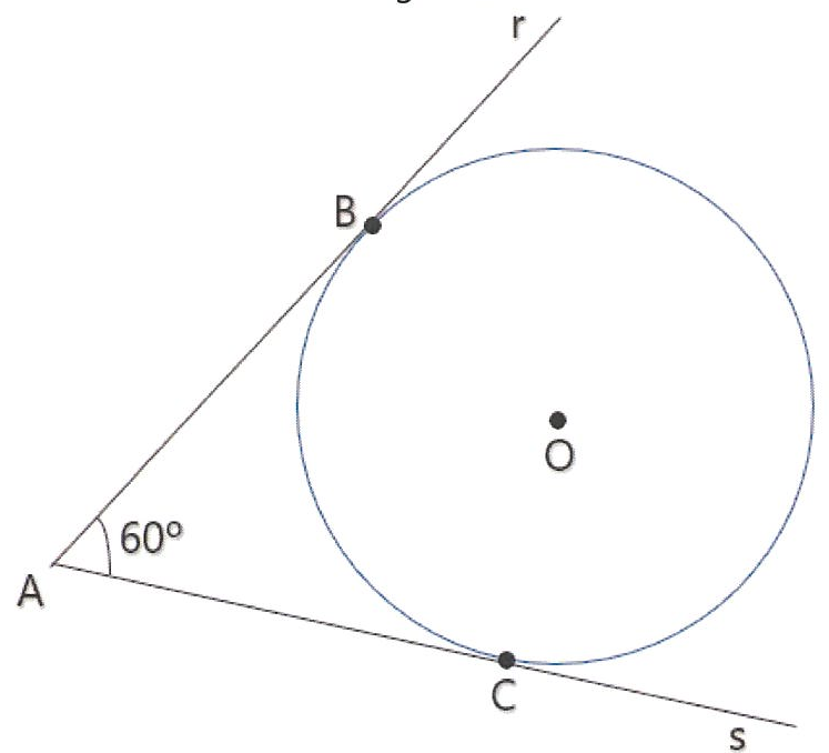 Figura 5: circunferência de centro O. Do ponto externo A partem duas retas: r, que tangencia a circunferência no ponto B, e s, que a tangencia no ponto C. O ângulo entre as retas r e s no vértice A mede 60°.