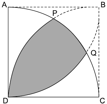 Quadrado ABCD (A e B no topo, D e C na base). Arco AC de centro D (quarto de circunferência de A até C); arco DP de centro C, de D até P, sobre o arco AC; arco DQ de centro A, de D até Q, sobre o arco AC; arco tracejado complementar até B e lado BC tracejado. A região entre os arcos DP e DQ e o arco AC, de P a Q, está sombreada em cinza.