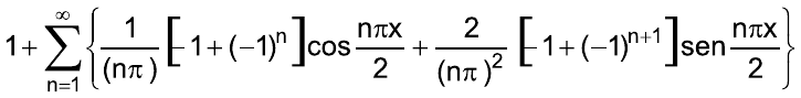 1 + somatório de n = 1 a infinito de { 1/(nπ) [–1 + (–1)ⁿ] cos(nπx/2) + 2/(nπ)² [–1 + (–1)ⁿ⁺¹] sen(nπx/2) }.