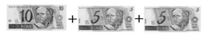 Cédulas: uma de 10 reais + uma de 5 reais + uma de 5 reais.