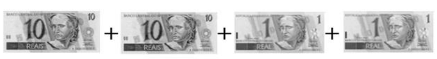Cédulas: uma de 10 reais + uma de 10 reais + uma de 1 real + uma de 1 real.