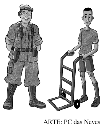 Ilustração da Tenente Íris, de farda camuflada, ao lado do Soldado João segurando um carrinho de carga. Crédito: ARTE: PC das Neves.