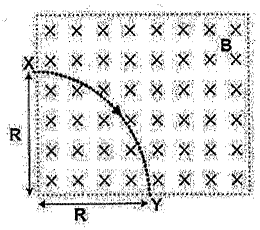 Região quadrada de campo magnético B entrando no plano (símbolos X), com orifício X na borda esquerda e orifício Y na borda inferior; trajetória em quarto de circunferência de raio R ligando X a Y, com as distâncias R indicadas na vertical e na horizontal.