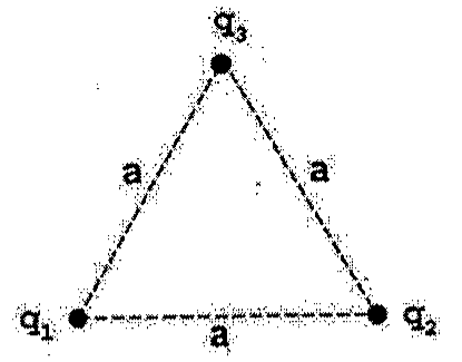 Triângulo equilátero de lado a com as cargas q1 (vértice inferior esquerdo), q2 (vértice inferior direito) e q3 (vértice superior).