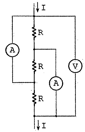 Trecho de circuito com três resistores R em série percorrido pela corrente I; um amperímetro A em paralelo com os dois resistores superiores, outro amperímetro A ligado do nó entre o primeiro e o segundo resistor até o terminal inferior, e um voltímetro V entre os terminais superior e inferior.