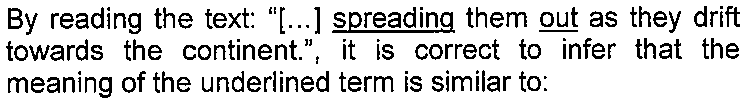 Parágrafo: "By reading the text: "[...] spreading them out as they drift towards the continent.", it is correct to infer that the meaning of the underlined term is similar to:". As palavras "spreading" e "out" estão sublinhadas.