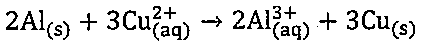 Equação: 2Al(s) + 3Cu2+(aq) → 2Al3+(aq) + 3Cu(s).