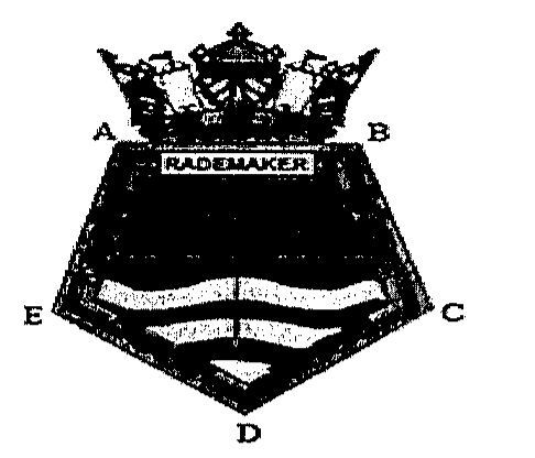 Símbolo da Fragata Rademaker: escudo em forma de pentágono encimado por coroa naval, com a faixa RADEMAKER; vértices do pentágono marcados A e B no topo, C à direita, D embaixo e E à esquerda.