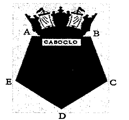 Símbolo da Corveta Caboclo: escudo preto em forma de pentágono encimado por coroa naval, com a faixa CABOCLO; vértices marcados A e B no topo, C à direita, D embaixo e E à esquerda.