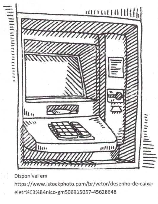 Desenho de um caixa eletrônico com tela e teclado. Fonte: istockphoto.