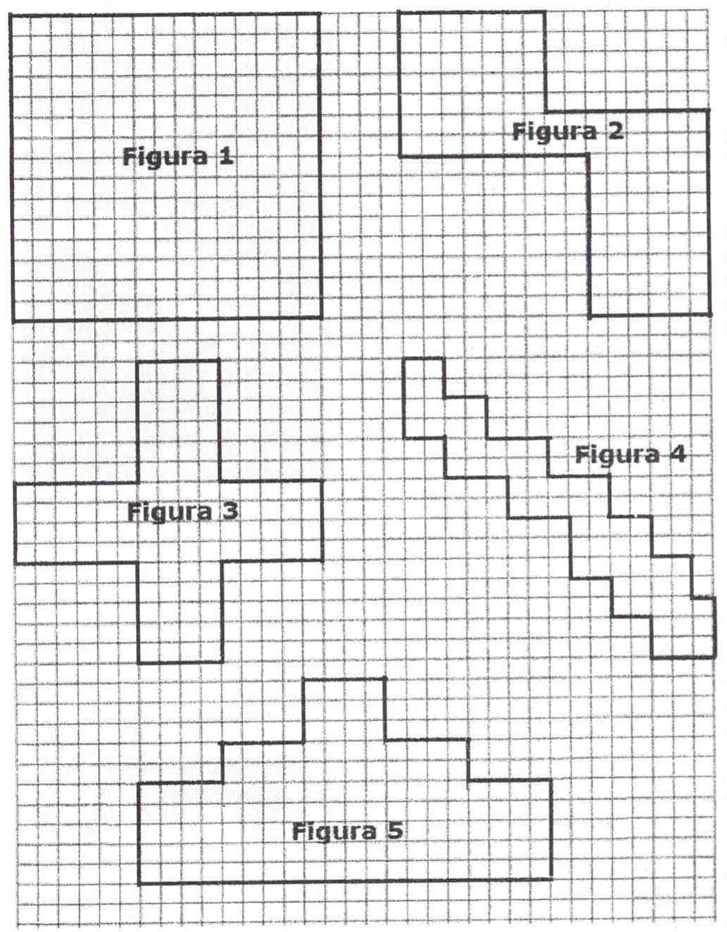 Malha quadriculada com cinco figuras desenhadas sobre ela, numeradas de 1 a 5: um quadrado grande, uma figura em L, uma cruz, uma figura em escada e uma figura em degraus.