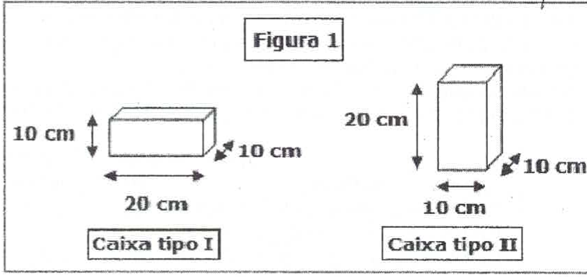 Figura 1: Caixa tipo I, deitada, com 20 cm de comprimento, 10 cm de largura e 10 cm de altura; Caixa tipo II, em pé, com 10 cm de comprimento, 10 cm de largura e 20 cm de altura.