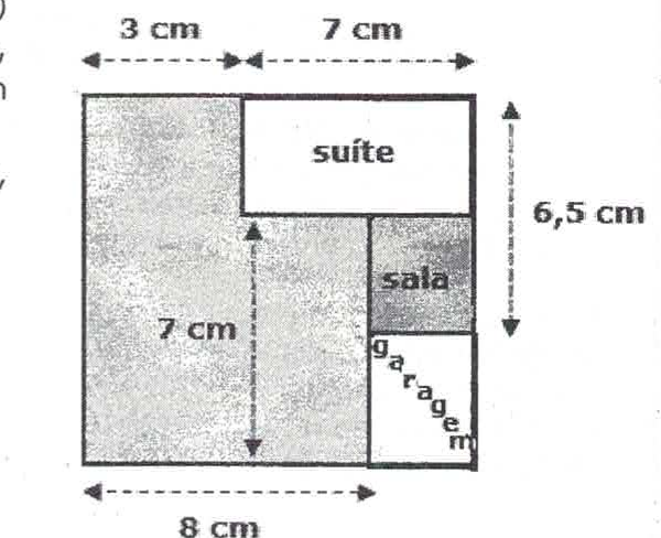 Esboço da planta da casa quadrada com as medidas 3 cm e 7 cm na parte superior, 6,5 cm à direita, 7 cm no interior e 8 cm na parte inferior, indicando os cômodos suíte, sala e garagem.