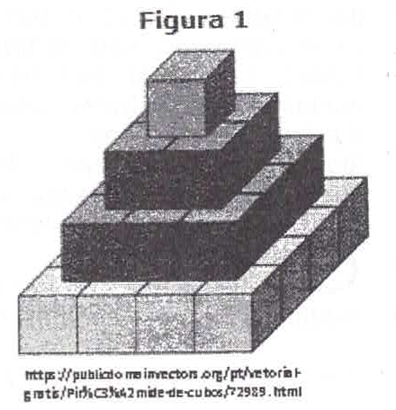 Figura 1: pilha de caixas cúbicas em forma de pirâmide, com camadas cada vez menores até uma única caixa no topo.