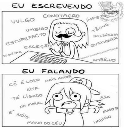 Meme em dois quadrinhos. “Eu escrevendo”: personagem de bigode, gravata e cartola, cercada das palavras vulgo, conotação, ímpeto, umbigo, tênue, estupefacto, balbúrdia, quaisquer, exceção, suscitar, ambíguo. “Eu falando”: a mesma personagem de boné, com expressão exagerada, cercada das expressões cê é loko, mais maior, eita, tá ligado, na moral, ôxe, é nóis, mano do céu, masoq, imbigo.