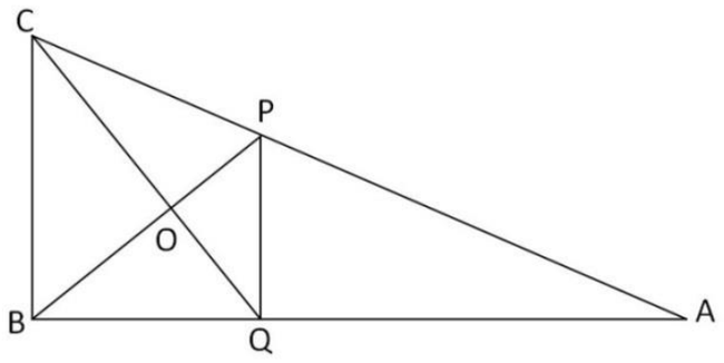 Triângulo retângulo ABC com ângulo reto em B (C acima de B e A à direita). Q é ponto de AB, P ponto de CA com QP vertical; os segmentos CQ e BP se cruzam no ponto O.