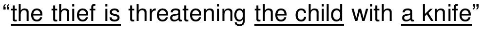 Frase “the thief is threatening the child with a knife”, com “the thief is”, “the child” e “a knife” sublinhados.