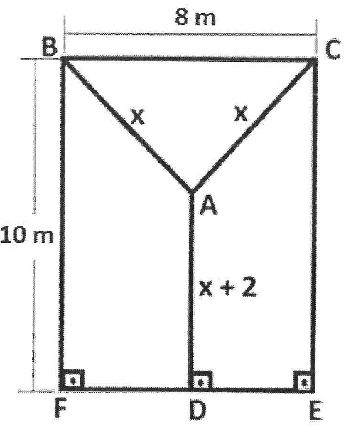 Vista superior do telhado: retângulo BCEF com BC = 8 m e altura 10 m. Do ponto A, interno, partem as vigas AB e AC, ambas de medida x, e a viga AD, de medida x + 2, perpendicular ao lado FE no ponto D. Ângulos retos marcados em F, D e E.