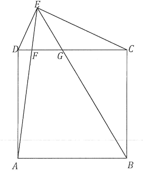 Quadrado ABCD com A e B na base e D e C no topo; acima do lado DC, o triângulo CDE com vértice E próximo de D. Os segmentos EA e EB cortam o lado DC nos pontos F e G.