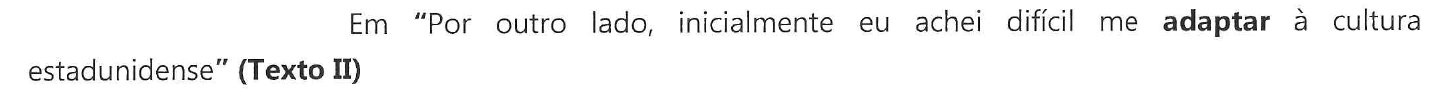 Enunciado: Em "Por outro lado, inicialmente eu achei difícil me adaptar à cultura estadunidense" (Texto II) — o verbo "adaptar" aparece em negrito.