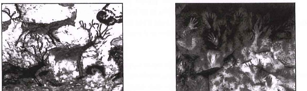 Duas fotografias em preto e branco de pinturas rupestres da Caverna de Lascaux: à esquerda, figuras de cervos e outros animais; à direita, marcas de mãos na parede da caverna.