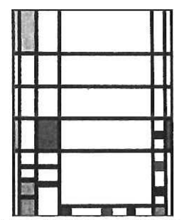 Reprodução em preto e branco da pintura Trafalgar Square, de Piet Mondrian: grade de linhas pretas verticais e horizontais sobre fundo branco, com alguns retângulos coloridos (em tons de cinza).