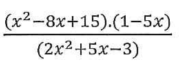 Fração: (x² − 8x + 15).(1 − 5x) no numerador e (2x² + 5x − 3) no denominador.