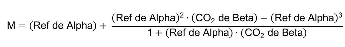 M = (Ref de Alpha) + fração cujo numerador é (Ref de Alpha)² · (CO₂ de Beta) − (Ref de Alpha)³ e cujo denominador é 1 + (Ref de Alpha) · (CO₂ de Beta).