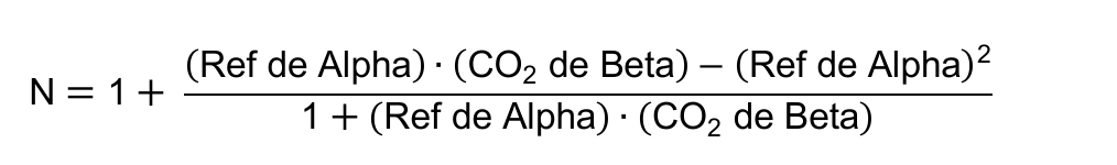 N = 1 + fração cujo numerador é (Ref de Alpha) · (CO₂ de Beta) − (Ref de Alpha)² e cujo denominador é 1 + (Ref de Alpha) · (CO₂ de Beta).