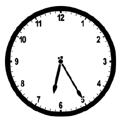 Relógio analógico com o ponteiro das horas entre 6 e 7 e o ponteiro dos minutos no 5.