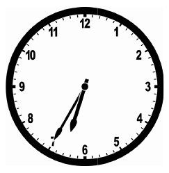 Relógio analógico com o ponteiro das horas entre 6 e 7 e o ponteiro dos minutos próximo ao 7.