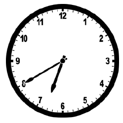 Relógio analógico com o ponteiro das horas entre 6 e 7 e o ponteiro dos minutos próximo ao 8.
