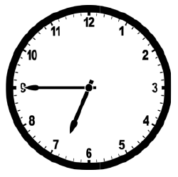 Relógio analógico com o ponteiro das horas entre 6 e 7 e o ponteiro dos minutos no 9.